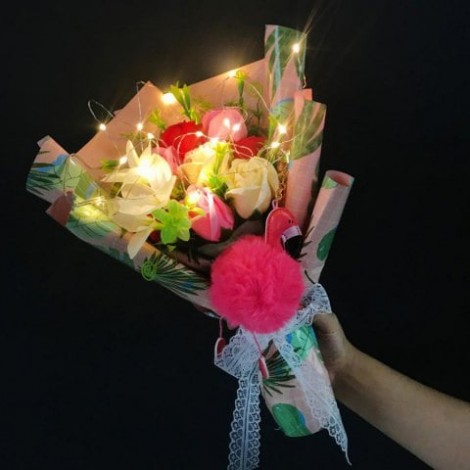 Handmade Soap Artificial Flower Bouquet LED Light Flamingo