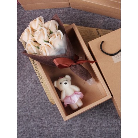 Valentine's Day Gift 7 Pcs Artificial Soap Rose Flowers and Cartoon Bear Toy In A Box